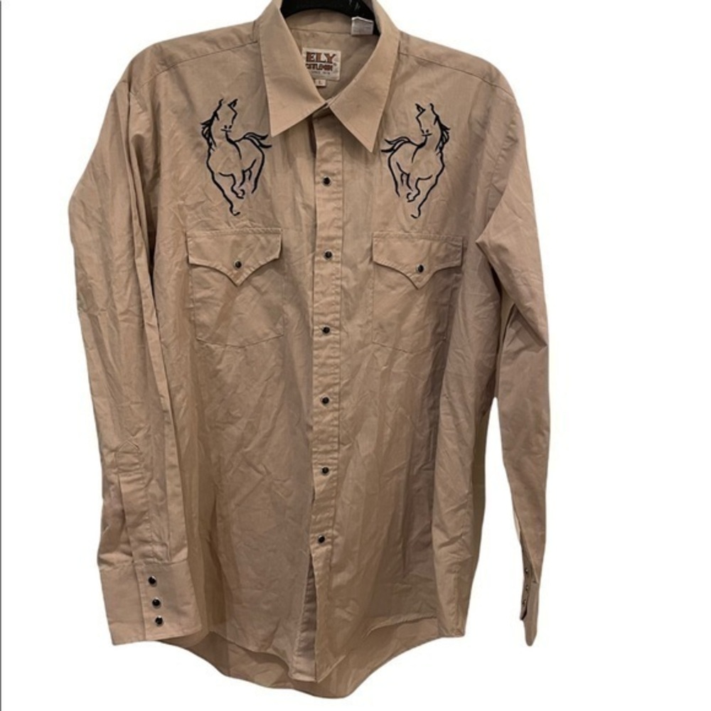 Ely Cattleman Western Shirt Horse Designs Beige Pearly Buttons Men Large